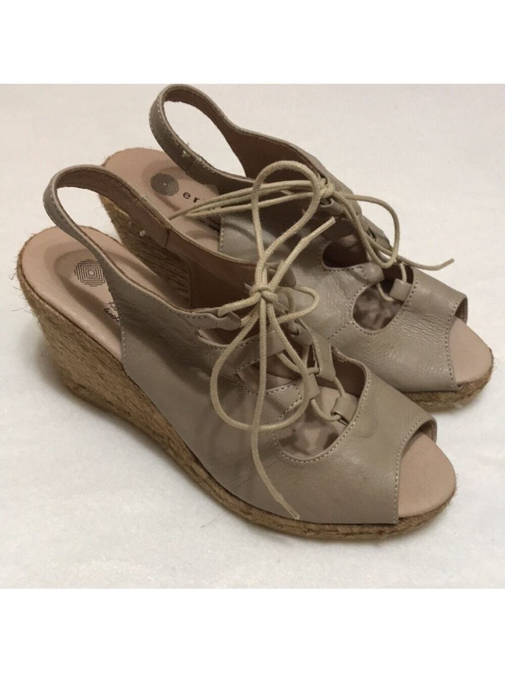 Eric Michael Taupe Leather Gossip Lace Up Jute Wedge Sandal